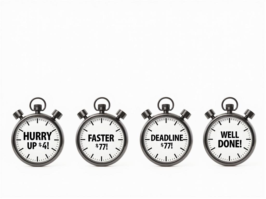 Four stopwatch images aligned horizontally. The first stopwatch features the bold text "HURRY UP !!!" in a prominent font. The second stopwatch displays the words "FASTER !!!" in similarly bold letters. The third stopwatch contains the message "DEADLINE !!!" emphasizing urgency. The final stopwatch shows the celebratory words "WELL DONE!" recognizing completed work. Each stopwatch is designed with a sleek, metallic finish and a clear face indicating time.