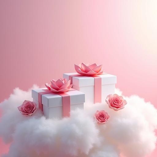 Beautiful white presents with pink bows and pink roses floating on fluffy cloud. Light pink and white color scheme with sparkling light.