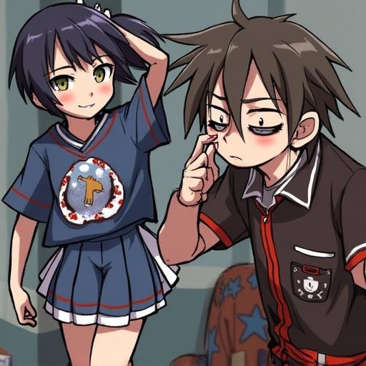 Anime characters interacting in a casual setting. One character has dark hair in a ponytail and is wearing a blue shirt with a bear design. The other character has spiky brown hair and is wearing a black and red shirt. They appear to be playful and cheerful together.