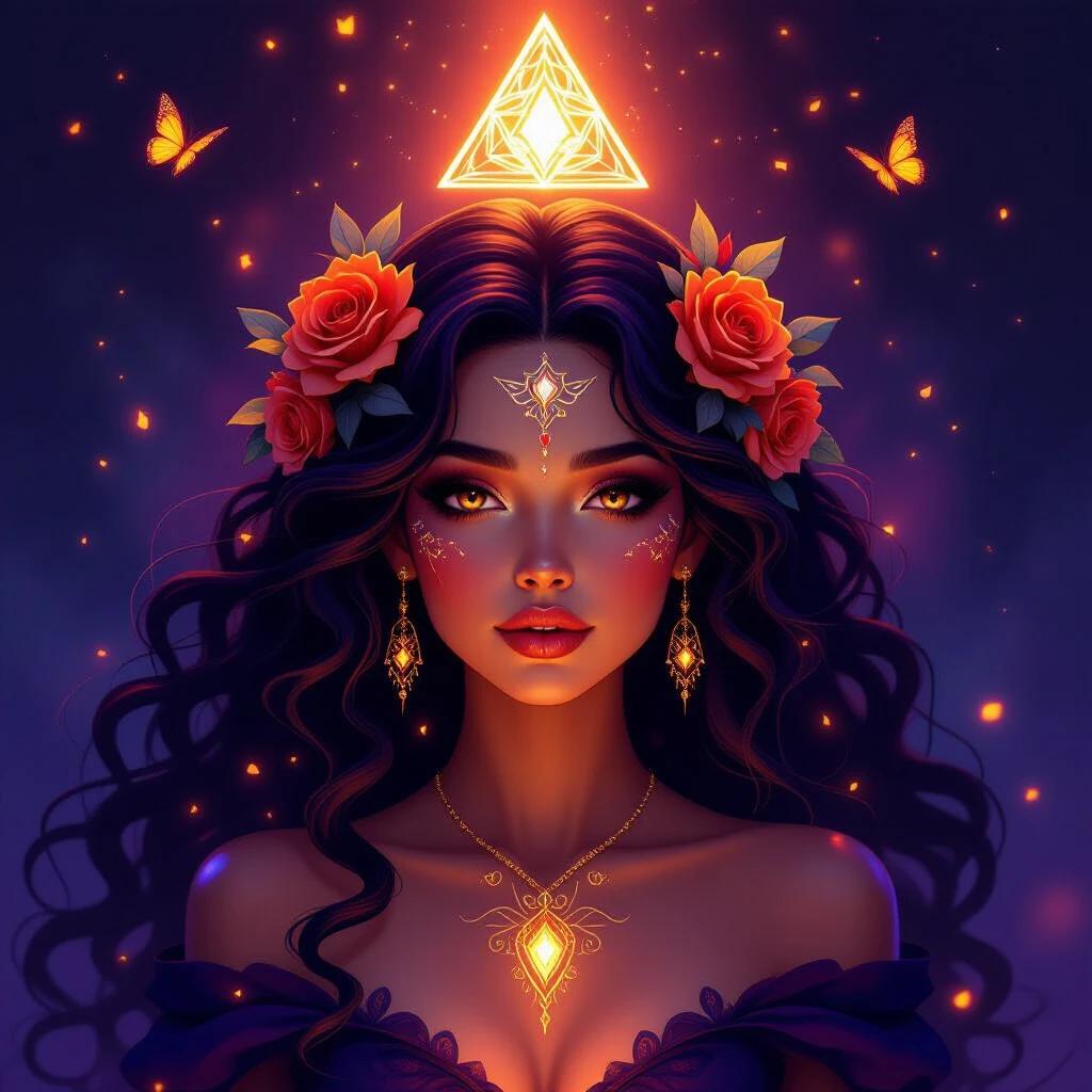 A mesmerizing figure emerges from a rich ethereal backdrop. Cascading dark curls frame her face. Vibrant orange roses adorn her hair. Sparkling butterflies flutter around her. A warm glowing light radiates from a central pyramid motif above her head. She gazes out with deep expressive eyes. Her skin glows softly. Intricate facial markings reflect an aura of mystique. Shimmering particles dance around her creating a dreamlike atmosphere. Color palette features deep purples and fiery oranges.
