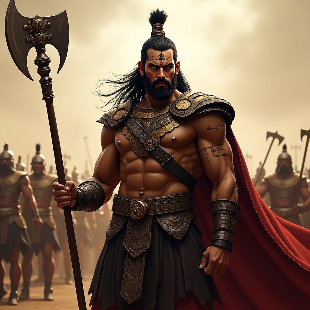 Digital painting of Duryodhana, tall muscular warrior in black and golden armor, holding massive mace. Arrogance and determination evident on his face. Kaurava army in the background.