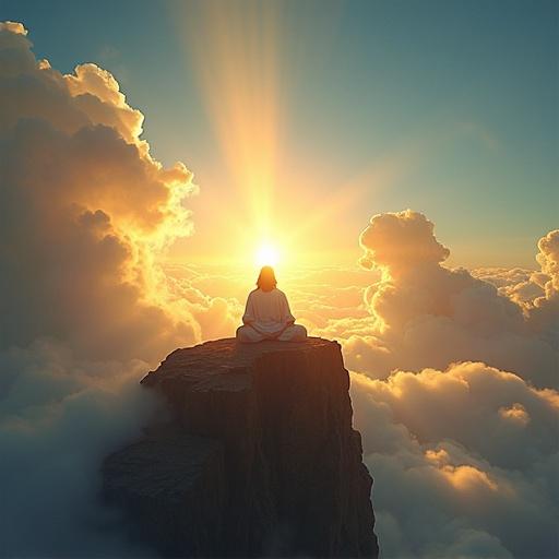 Jesus figure meditates on a cliff surrounded by clouds with golden light. Angels are in the background. Deep blue sky with rays of divine light. A serene and heavenly atmosphere is depicted in an epic spiritual style.