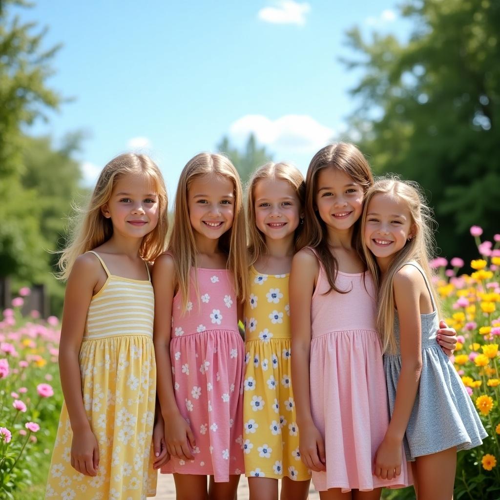 Five girls standing together in a garden. All girls smile and wear colorful summer dresses. Scene captures a bright sunny day. Flowers bloom in the background, creating a cheerful atmosphere.