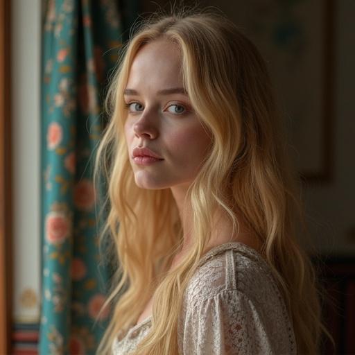 Portrait of a young woman with expressive features. Soft natural light highlights her beauty. She has long flowing hair and is wearing a light-colored outfit. Background features floral patterns.