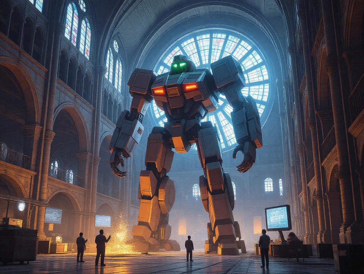 A muscular raccoon forges parts of a giant mech in an industrial cathedral with circuit stained glass. Sparks fly everywhere while assistant robots hand over pieces. Electronic music plays from an old modified analog radio.