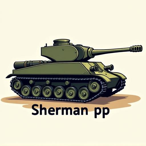 A cartoon-style logo with a WWII Sherman tank combined with an electric guitar. The tank seamlessly blends into the guitar body. The tank barrel becomes the guitar neck and headstock. Features bold lines and a playful look. Text 'Sherman pp' is included below the graphic in a strong font.
