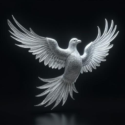 A breathtaking brand logo concept centered on peace. Two doves forged from molten silver. Powerful and elegant forms. Metallic bodies with chrome texture. Gleaming under low-key studio lighting. Serene interaction with wings creating balanced composition. Meticulously rendered details. Profound tranquility and strength atmosphere. Award-winning design.
