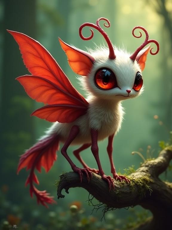 A mystical forest guardian character resembling a fae. Features include short soft white fur, large crimson eyes, broad leaf-like crimson wings, and detail resembling insect and plant traits. Perched on a twisted root in an enchanted green forest.