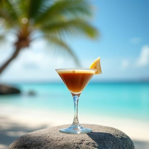 High-resolution photograph of espresso martini in a frosted glass with a large ice cube and splash of cream on a grey beach stone. Background shows a tropical beach with palm trees and calm azure waters. Morning light creates a peaceful atmosphere.