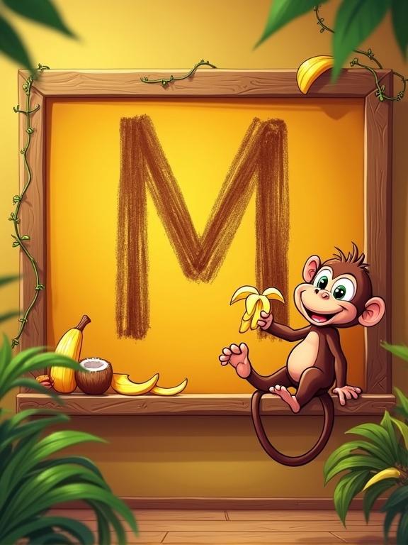 Lively cartoon of a warm orange chalkboard featuring a playful letter 'M' in dark brown chalk. Monkey arms hang from the top. A mischievous cartoon monkey sits on the ledge, peeling a banana. Chalk-drawn bananas and coconuts scattered around with a wooden frame and vine doodles. Jungle-themed leafy patterns. Use vibrant tropical colors with chalk textures and dynamic poses.