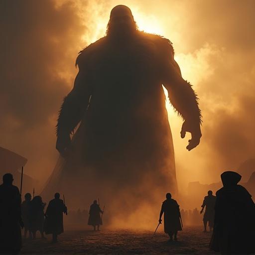 Extreme low angle shot of a massive imposing figure. The figure represents Goliath. Long shadow is cast over smaller figures. Dramatic lighting creates a sense of fear and awe.