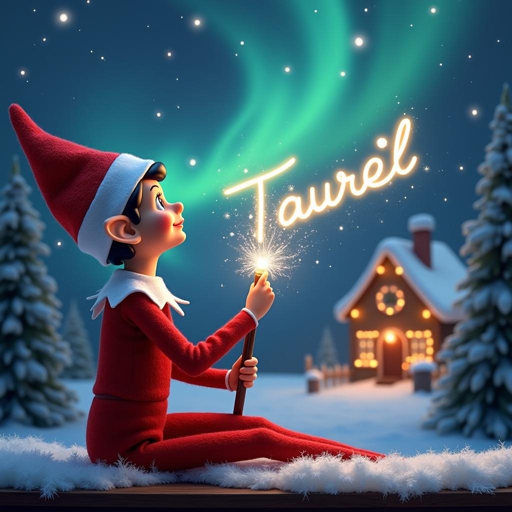 An elf on the shelf sits with its back to the viewer, gazing skyward. It holds a glowing wand that emits sparkling light. The background showcases a charming Christmas scene with colorful northern lights swirling above. In the distance, a cozy house can be seen, decorated for the holidays. Snow covers the ground, adding to the winter atmosphere. The elf is in a playful position, embodying the spirit of magic and wonder associated with Christmas. The name ‘Tauriel’ is written in the air using the wand, creating a sense of holiday cheer.