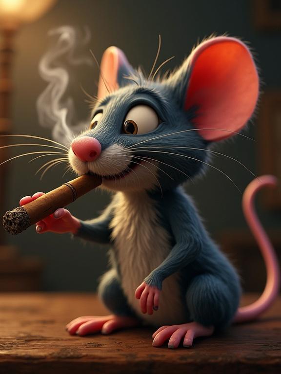 Pixar style rat with blue fur and big pink ears holding a cigar. The rat has a cheerful expression. The scene has warm lighting and a cozy atmosphere.