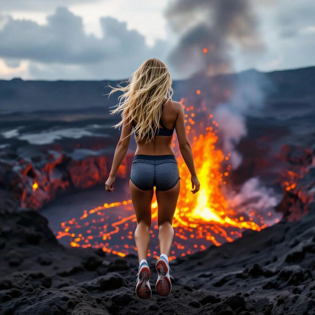 Blonde girl in athletic shorts viewed from behind flying over an active volcano. Lava erupts from the volcano. Her feet are off the ground.