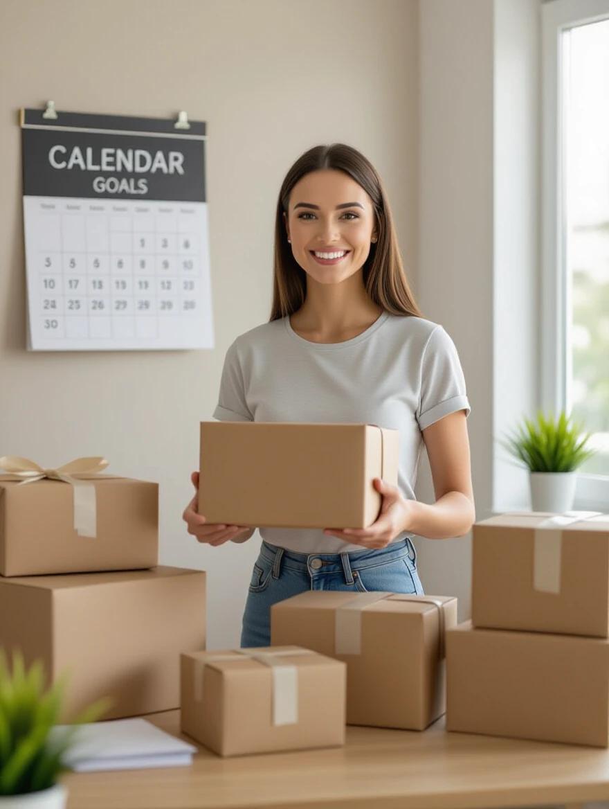 A woman stands in a bright room holding a package. Packages are organized around her. A calendar with business goals is on the wall. She wears a clean outfit that reflects simplicity. The setting symbolizes progress and motivation.