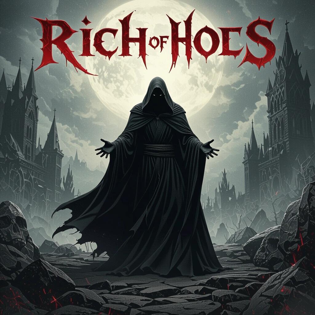 Rock album cover featuring an evil mysterious figure in a black robe. Dark and epic scene with a full moon backdrop. Gothic elements and dramatic atmosphere.