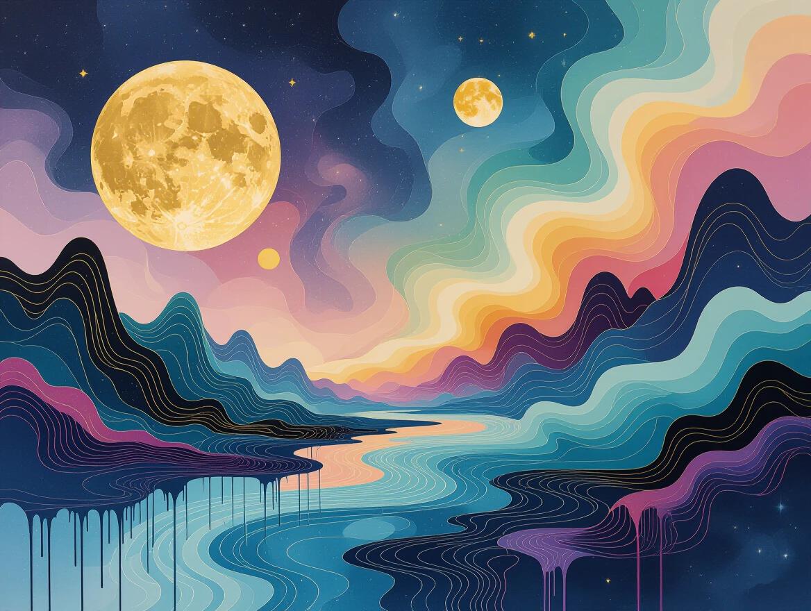 An abstract surrealist landscape with a foreground of dripping ink tendrils. Midground features vaporwave collage fragments. Background shows glowing celestial forms in gold leaf patterns. Landscape orientation with dream logic composition.