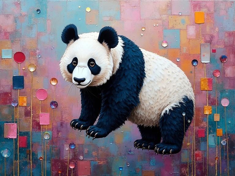 Colorful mixed media artwork. Features a panda bear in a whimsical style. Background has iridescent tiles and abstract patterns.