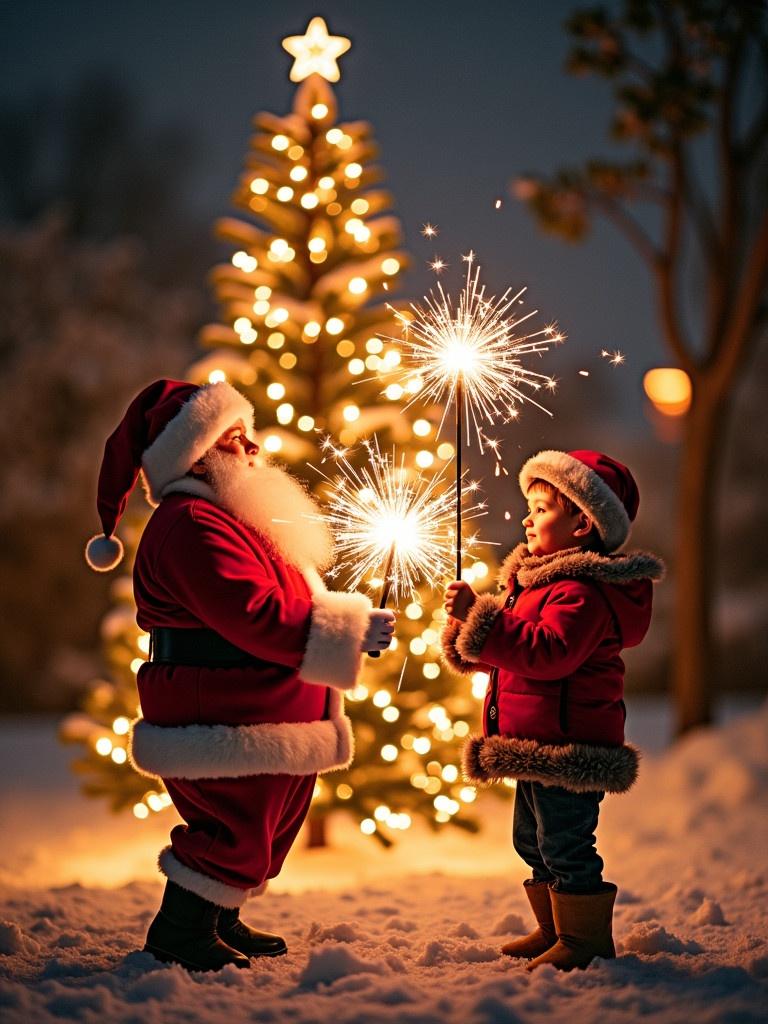 Magical Christmas scene with Santa and child holding sparklers. Imposing Christmas tree glowing in the background enhances festive spirit.