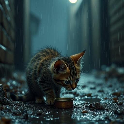 A dark alley at night with heavy rain. A small striped kitten with wet fur digs through trash. It finds an empty tin can, sniffs it, and shivers. Surrounding puddles reflect dim light. An atmosphere of hopelessness and loneliness. High detail with emphasis on emotions.