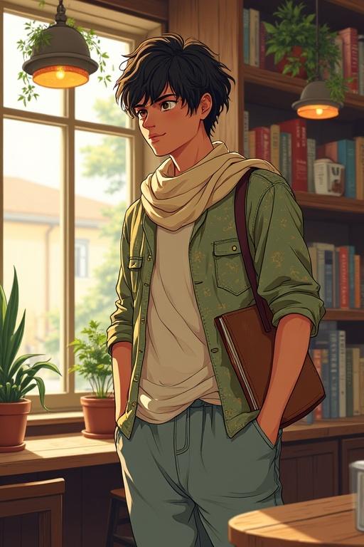 A young man stands in a cozy vintage-style café. He has soft features and a warm expression. His outfit is bohemian with a patterned shirt and loose canvas pants. A light scarf drapes over his shoulders. He carries a worn sketchbook. The café has warm lighting and hanging plants in the background. Bookshelves line the walls.