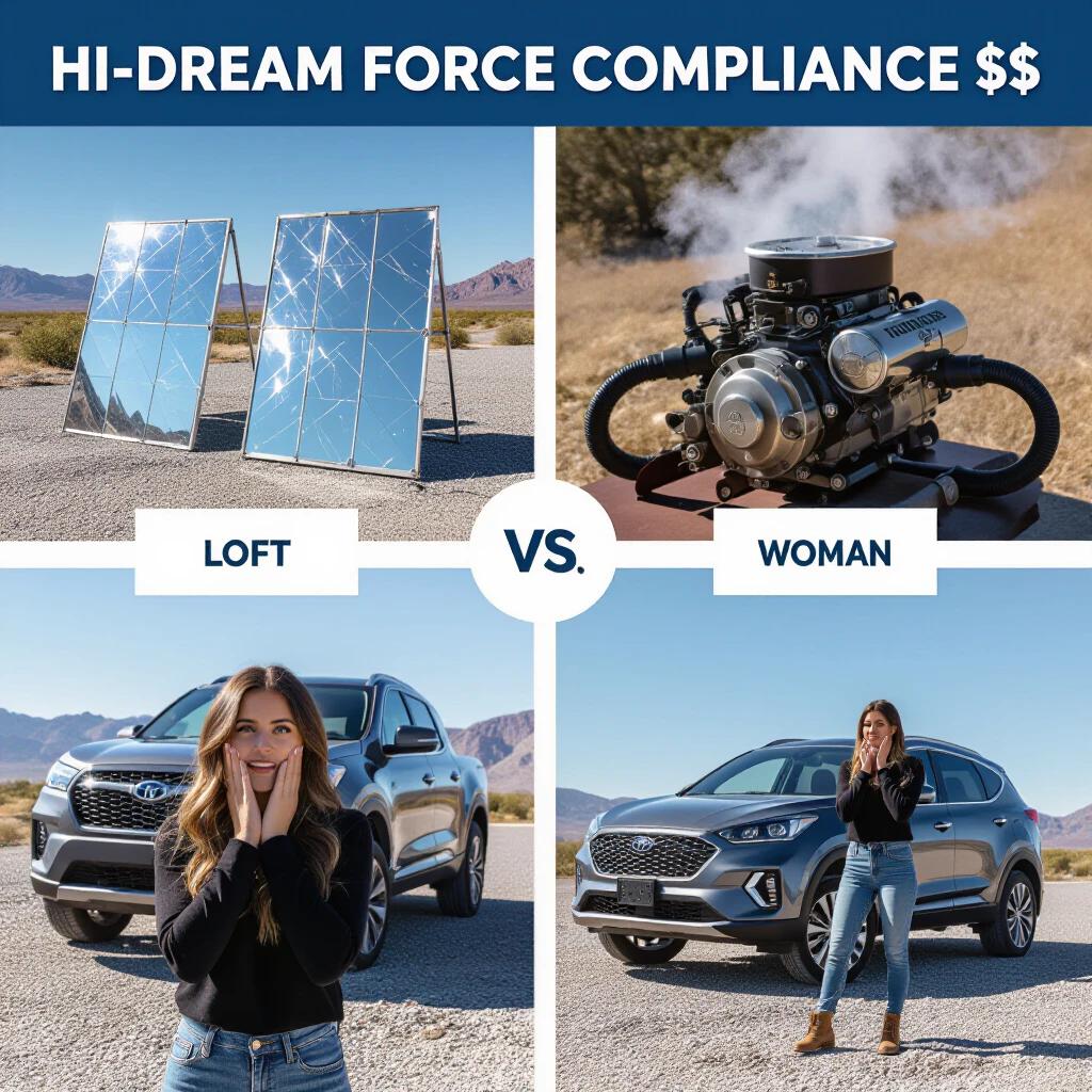 HI-DREAM FORCE COMPLIANCE image featuring two metal solar panels on rods next to a cloud of steam from an engine. A woman standing on gravel with her palms pressed to her cheeks, viewing the steam. A vehicle is present in the scene along a mountain roadside with a toolbox nearby during golden hour.