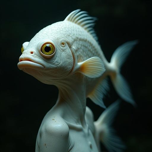 A humanoid fish hybrid figure with pale skin and yellow eyes standing against a dark background. Fish scales are visible on the body. The figure has an oddly human characteristic, resembling a 25-year-old woman. The overall tone is surreal and fantasy-inspired.