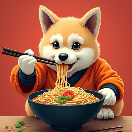Illustration of a cheerful corgi dog wearing a bright orange robe happily eating a bowl of ramen with chopsticks. The background is a vibrant red. The dog has an adorable expression as it enjoys the meal.