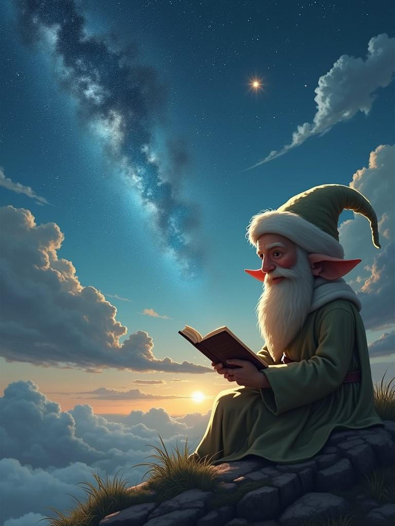 An elf with pointed ears sits on a rocky outcrop. The elf reads a book with a serene expression while cosmic clouds surround him. Stars twinkle in the night sky. Another elf writes in the sky. The setting is magical and inspired by fantasy themes.