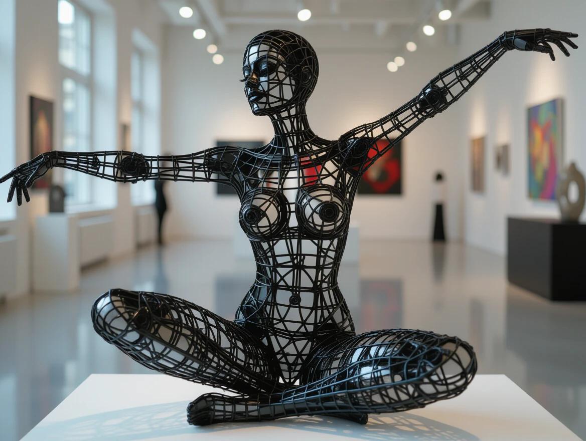 A human figure sculpture made of intricate wire mesh. The figure is in a dynamic pose with arms outstretched and legs wide open. Background shows a modern art gallery. The wires have a loose arrangement with visible ends. The lighting creates strong highlights and shadows.