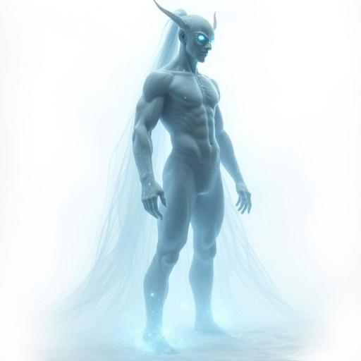 Full-body view of a male tiefling ghost. Spectral and semi-transparent ectoplasmic body. Smooth glassy surface. Faint glowing blue light from within. Horns are semi-transparent. Hair is translucent and tied in a ponytail. Legs fading into mist. Wearing spectral chainmail short with glass texture. Blending into background. Ghostly and intangible appearance. Soft focus edges with volumetric fog. Glowing particles floating. Painted in cold, icy, dreamlike style. Vapor-like silhouette. White background.