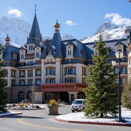 Hotel Fairmont in Banff Canada with mountains in the background and clear blue sky. The hotel has ornate architecture. Pine trees and landscape in foreground.