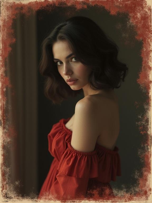 A female model poses in a vintage-style portrait. The image features a black and red sepia tone with a white border. The frame has a vignette effect with grain and high contrast. Shot from a low angle, the model has a focused expression with detailed features. The style is reminiscent of classic beauty shots.