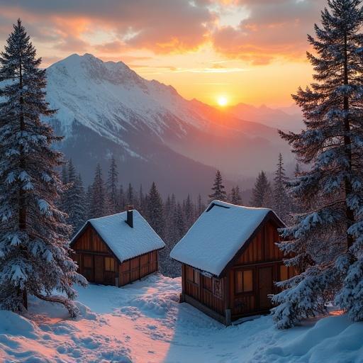 Landscape scene with wooden huts in a snowy setting during sunrise. Mountains in the background are partially visible. Pine trees surround the huts, creating a serene winter atmosphere.