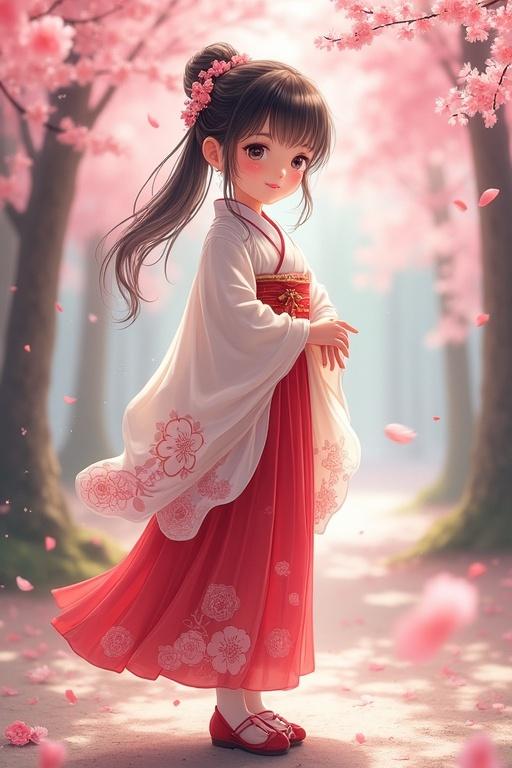 Image features a young girl standing gracefully outdoors. She wears a beautiful traditional outfit with intricate patterns. Surrounding cherry blossom trees have delicate pink petals falling. Hair styled elegantly with decorative accessory. Soft lighting creates a dreamy atmosphere. Scene embodies peace and beauty in spring.