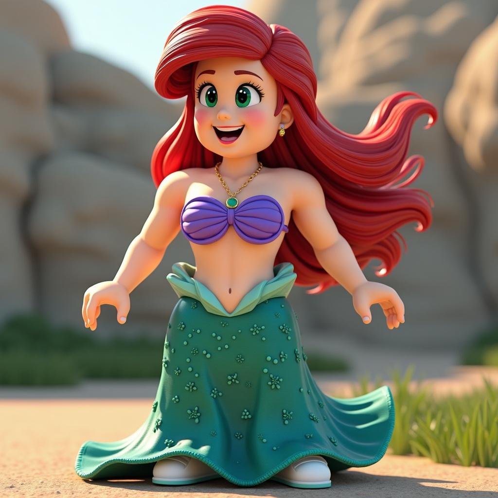 Character designed in Roblox style resembling a mermaid with vibrant hair. The character has a sea-inspired outfit with a focus on colors typical of ocean themes. The character is positioned in a playful stance in a beach-like environment.