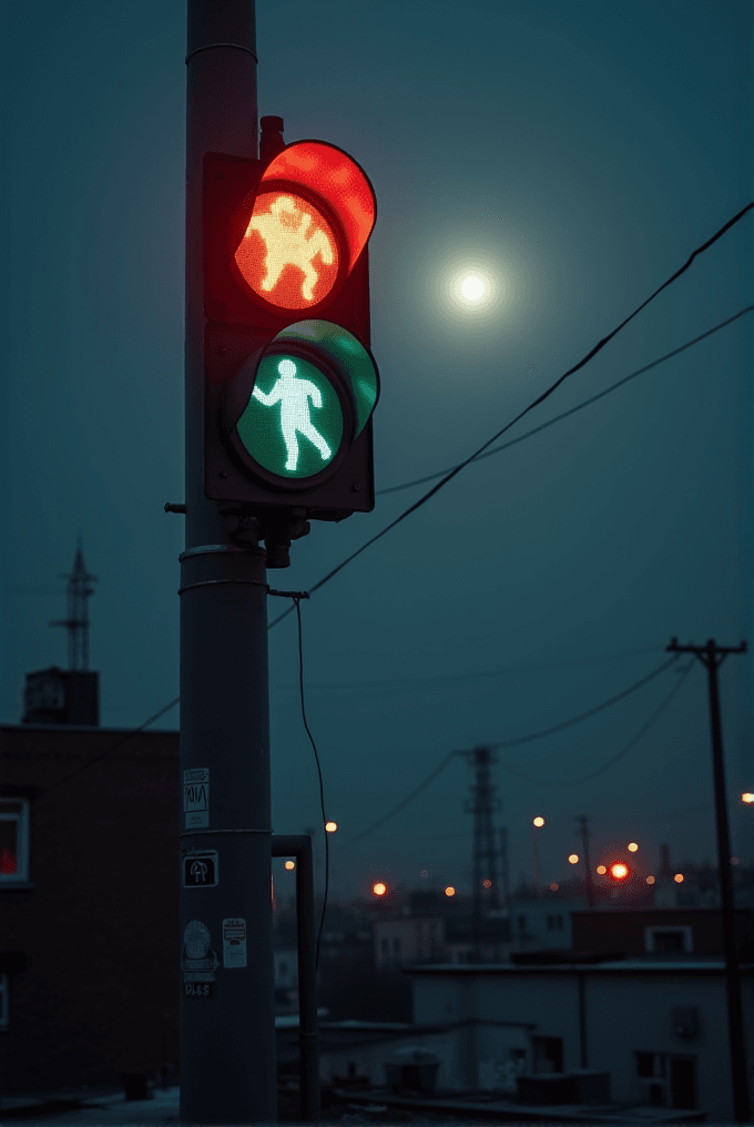 A traffic light for pedestrians shows a red stop sign and a green walk sign against a cityscape at dusk.