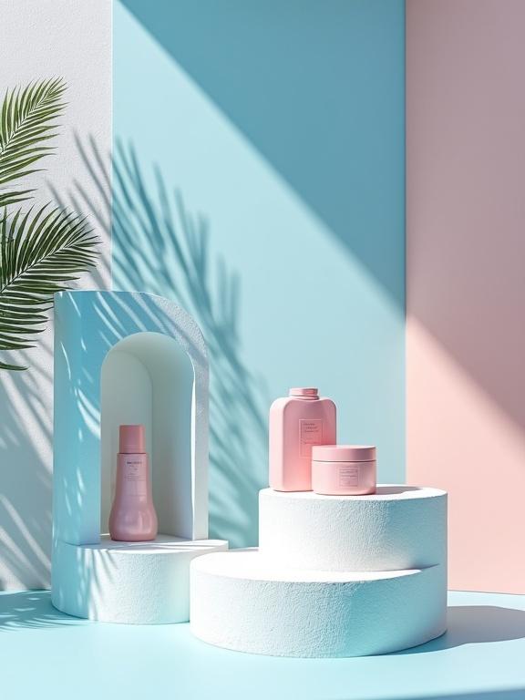 Photography showcasing advertising products in architectural style. Scene features plaster pedestals and niches with vibrant color blocks. Display of six Moana beauty products arranged at varying heights. A large palm leaf casts a dramatic shadow across the scene. Strong direct sunlight enhances contrasts.