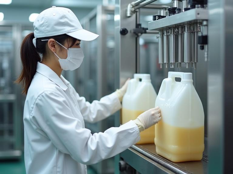 In a food factory, a female worker is wearing clean white clothes, a hat, and a mask. She is operating a liquid filling machine with 5-gallon Bag-in-Box containers. The photo is high resolution and realistic.