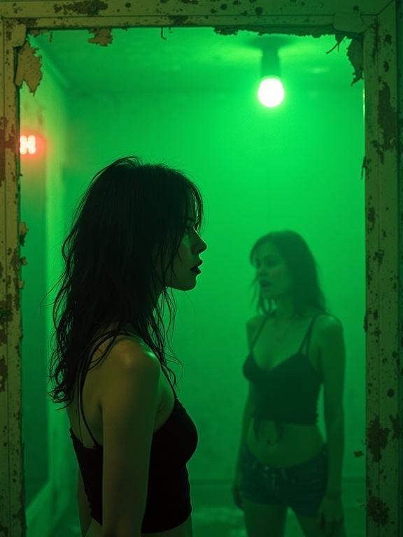 A hyper-realistic scene with a young woman in a decaying mirror-filled room. She has tangled black hair, smudged lipstick, and pale skin. Green light spills from a ceiling bulb. Shadows morph on mold-covered walls. Reflections show laughter and weeping. Outside shattered windows, a foggy dystopian city exists. Show detailed textures and lighting effects.
