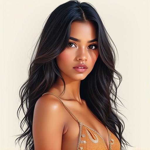Draw a beautiful 18-year old Indian woman. She has long dark hair cascading down. The woman wears an intricately designed outfit. The pose is elegant and confident. The background is subtly blended to draw attention to her attire.