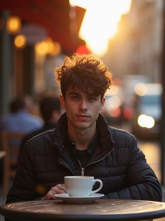 A young adult with textured hair sits at an outdoor café table. A coffee cup is in the foreground. The afternoon sun creates a backlit effect. The background has blurred pedestrians and bokeh from vehicles.