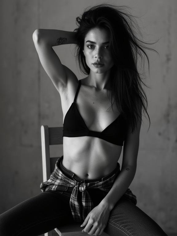 A seated woman on a wooden chair captures attention. She wears a black bra and has toned abs and collarbone. Voluminous long hair flows around her face. One arm is raised showcasing a tattoo while the other hand is near her lips showing deep thought. A flannel shirt tied around her waist complements dark jeans. Strong chiaroscuro lighting enhances muscle definition and emotion. The background is a simple raw wall amplifying her presence. Overall look reflects 1990s fashion with a sense of vulnerability.