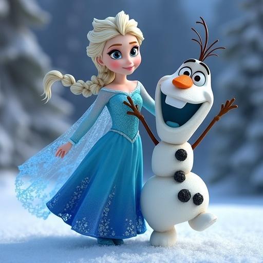 Stylized resin figure of Frozen characters showing Elsa and Olaf in a snowy scene. Elsa wears a blue gown and Olaf is cheerful. They display a fun interaction.