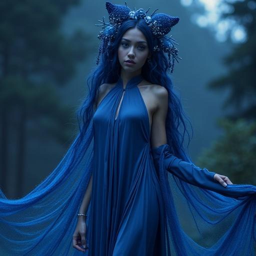 A deep-blue enchantress with flowing silks and a mystical aura. She possesses silver-lake eyes and moves gracefully like the wind. Her presence is magnetic yet quiet, with an allure of forgotten dreams. Ethereal lighting enhances her figure. A blend of fantasy and mystique surrounds her.