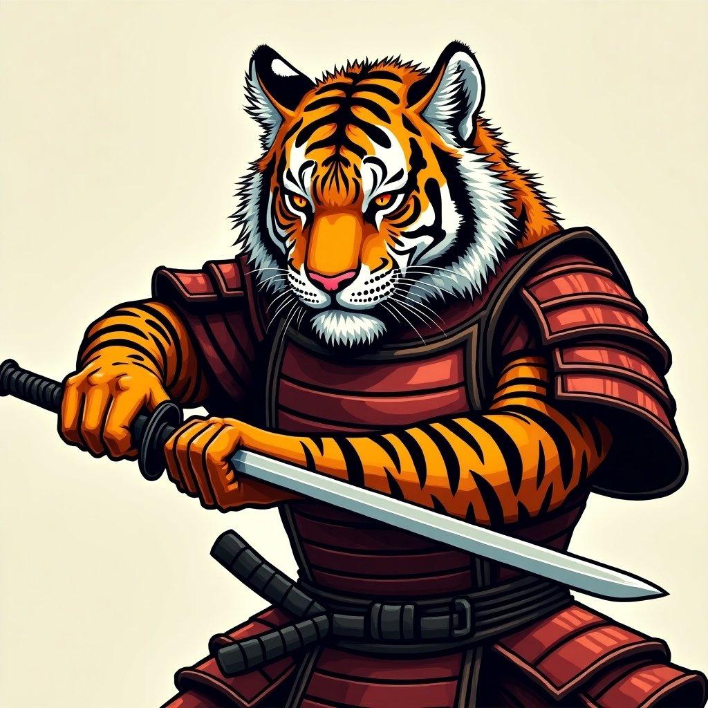 Humanoid tiger in samurai armor. Tiger wields traditional Japanese sword. Intense gaze and strong posture. Detailed armor with bold orange and black stripes. Striking visual contrast.