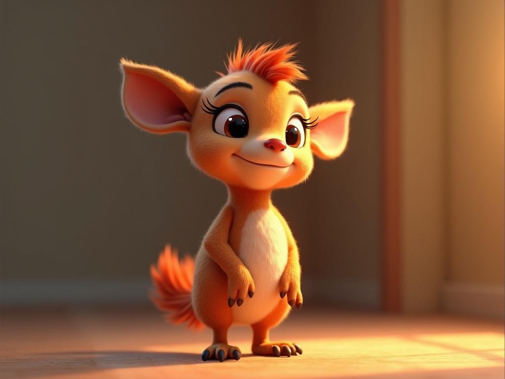 A 3D Pixar-style animated character designed for children. The character has large expressive eyes, soft fur, and an adorable stance. Lighting creates a warm atmosphere in the setting.