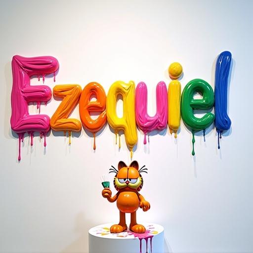 Photograph of a text sculpture saying Ezequiel on a white wall. Letters in pink, orange, yellow, green, blue, purple colors with dripping paint effect. A Garfield figure with a brush stands on a pedestal. Soft lighting highlights details.