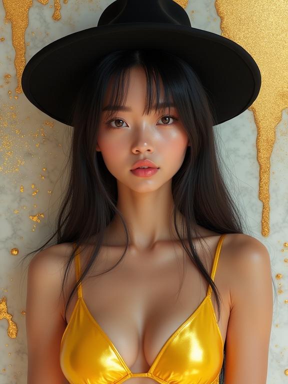 Portrait of a girl with straight hair. She wears a black top hat. She has a yellow bikini. Background is abstract with marble texture, featuring gold and white tones. Warm colors enhance the shine of details. Soft light creates a cozy atmosphere. Focus is on the smooth chrome texture.