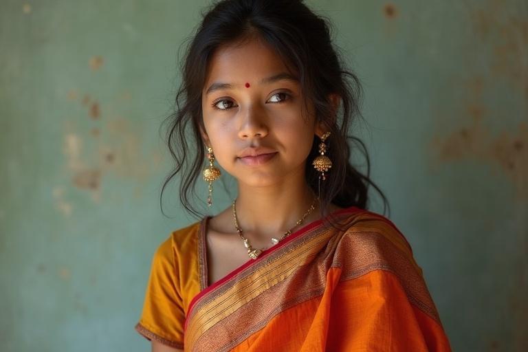 A girl wearing a cotton saree with a traditional pattern. She has a subtle expression, with her hair loosely styled. Background is faded and rustic, enhancing the traditional vibe.